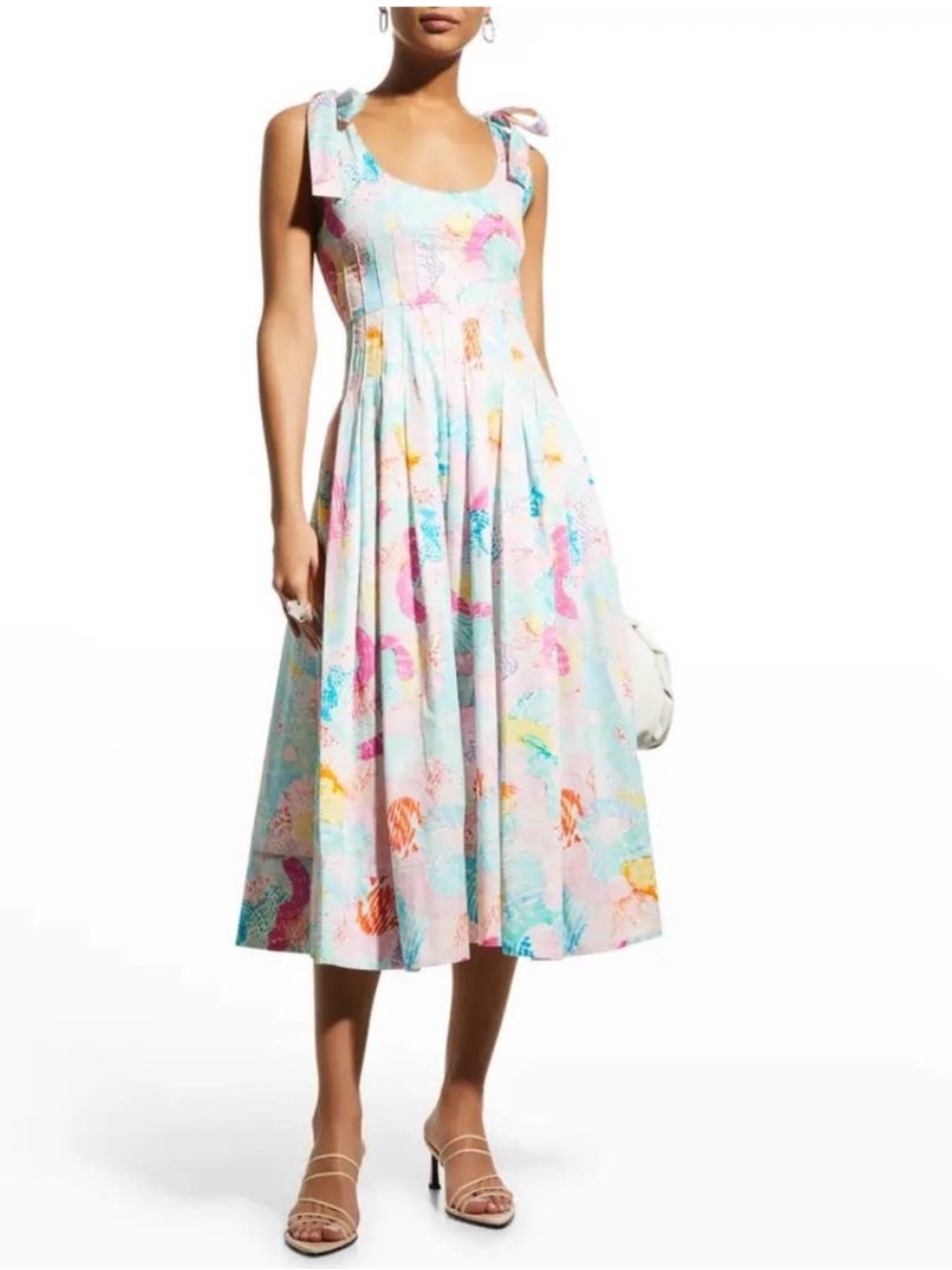 Hunter Bell Dress Braden Strap Tie Pleated Midi in Painterly Pink Blue